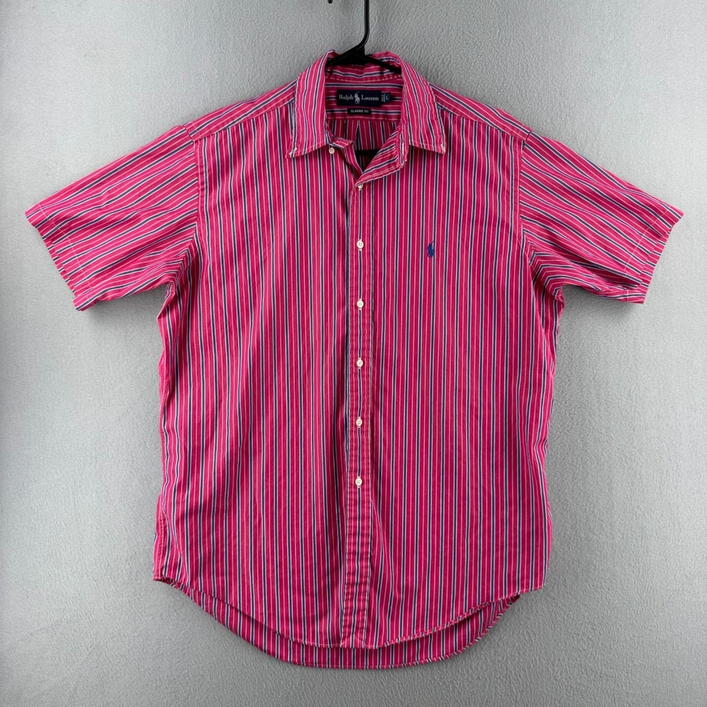 Ralph Lauren Shirt Mens Large Pink Striped Button Down Short Sleeve Pony Y2K